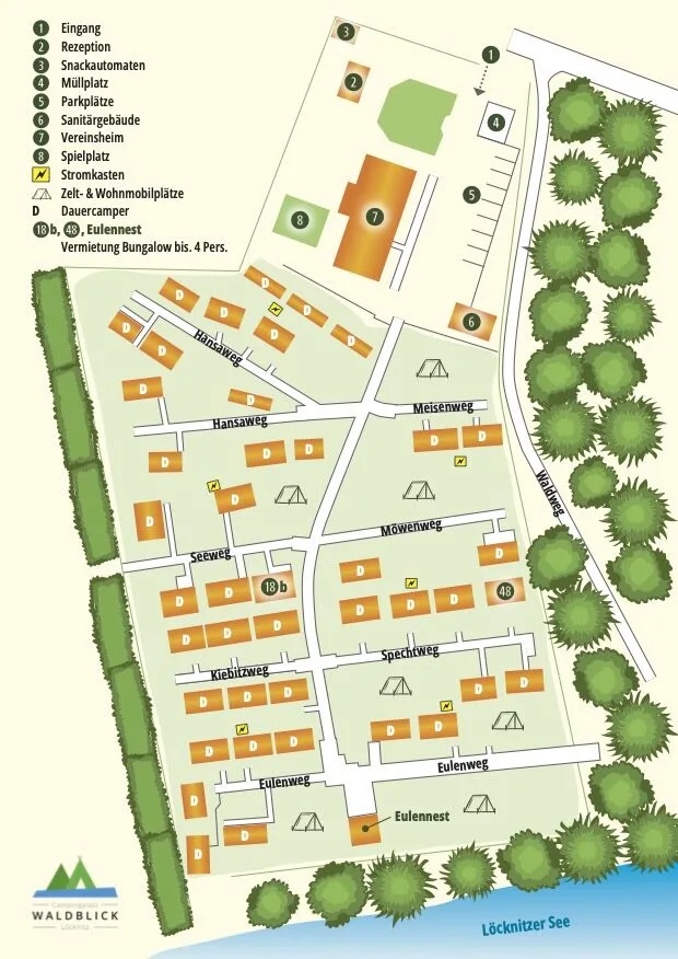 Campingplatzkarte Waldblick mit Bungalows und Einrichtungen.